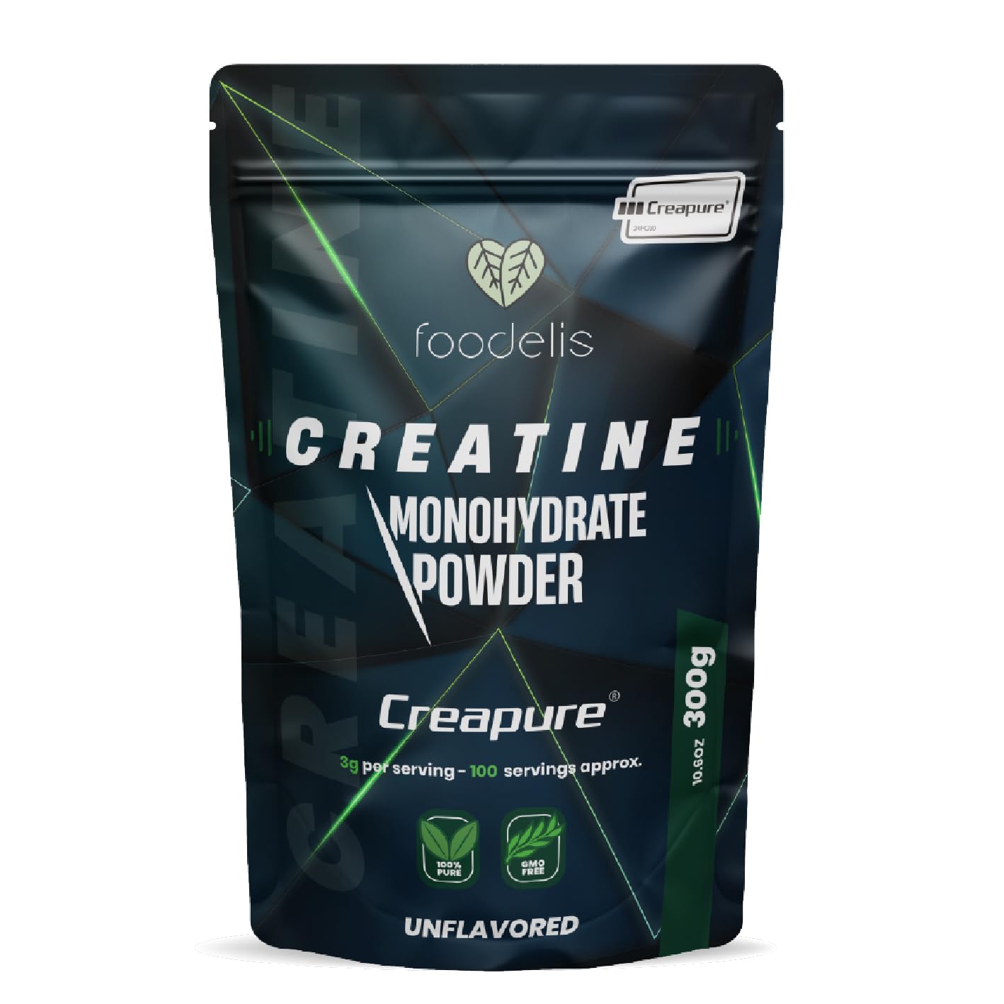 Creatine Creapure Powder Foodelis 300 g - Flavour-free, Non-GMO, Purissimo SENZA Aggiunzioni - Alta Solubilità - Includi