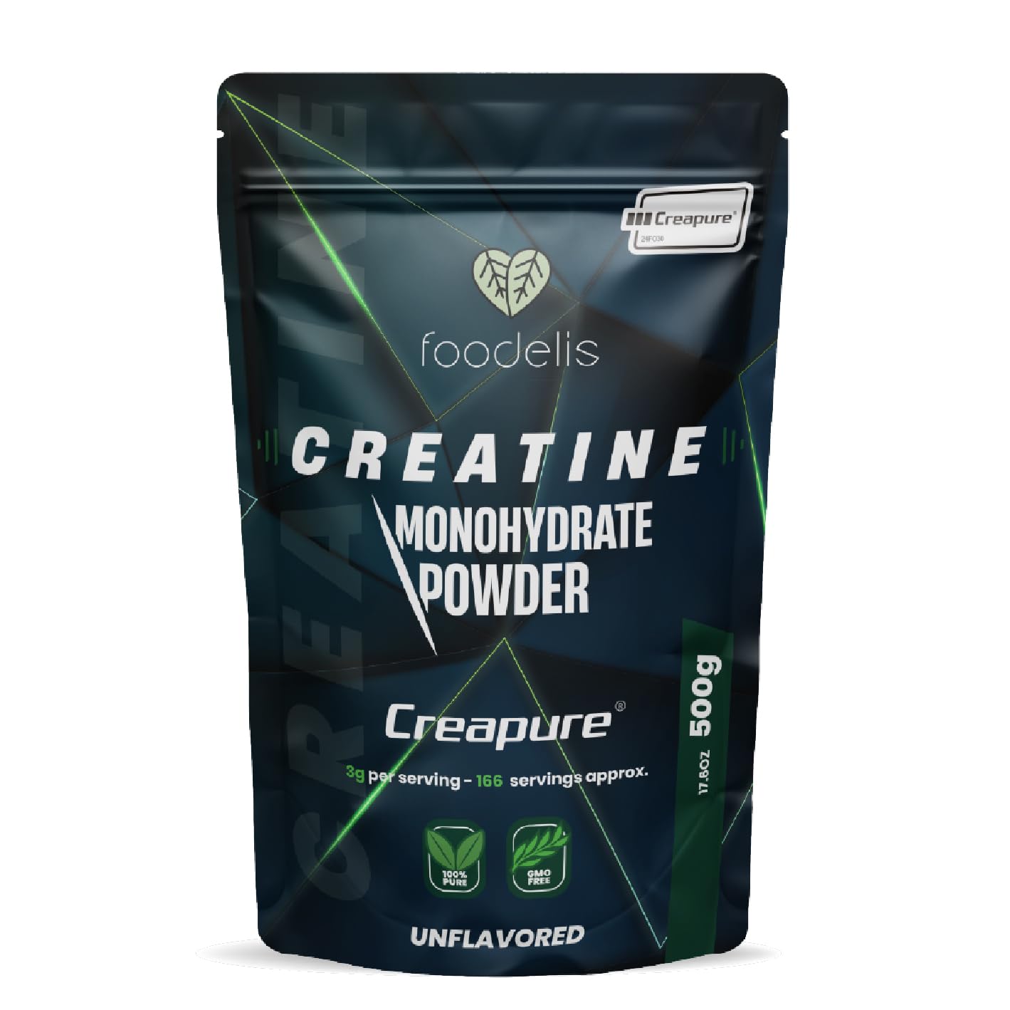 FOODELIS Creatine Creapure 500g Powder per Atleti - Per Costruire Masa Muscolare - Flavour-free, Non-GMO, Puro senza Add
