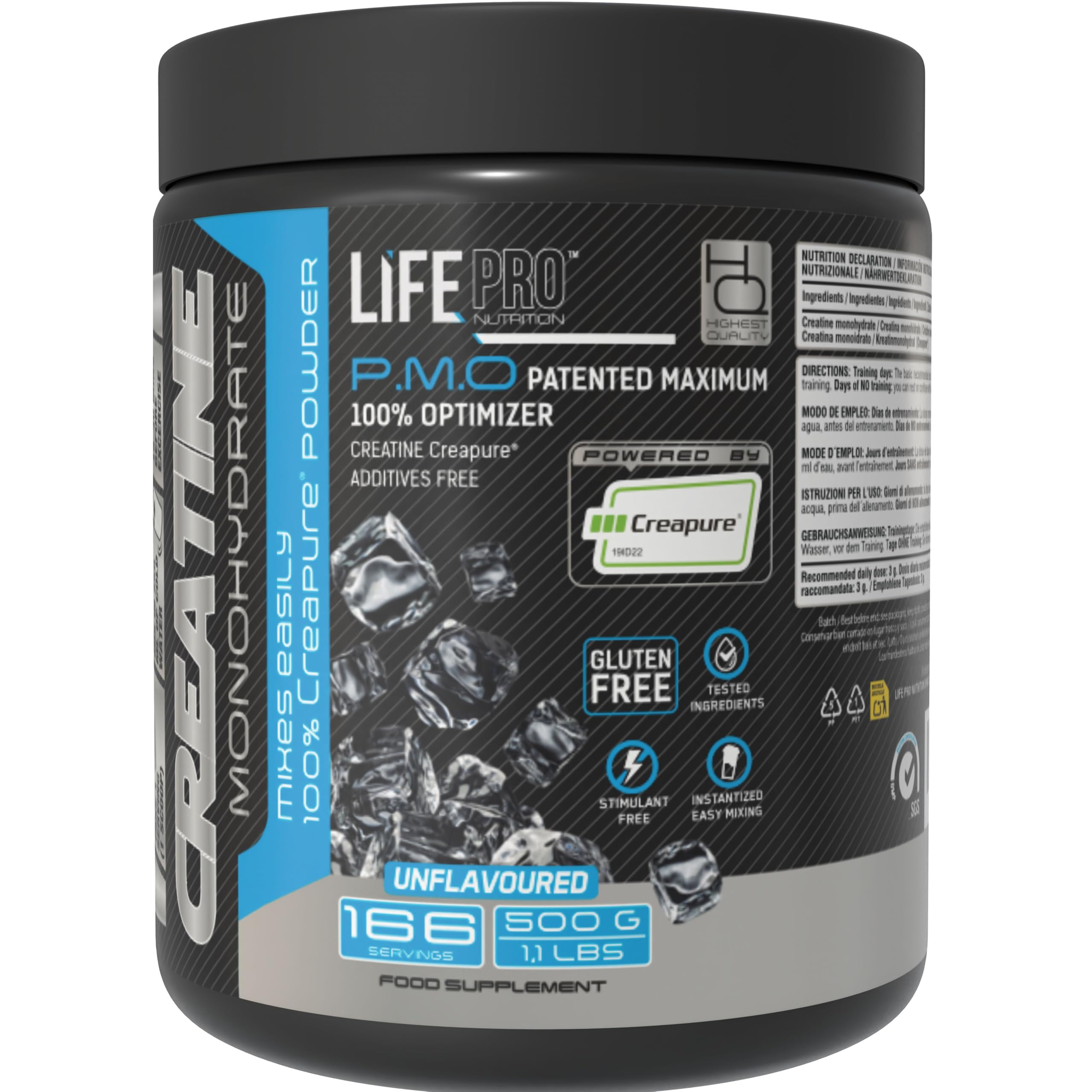 Creapure Life Pro Creatine Monohydrate 500g - Perfetto Sapore Neutral - Gluten Free - Performa Muscolare Energia Ricuper